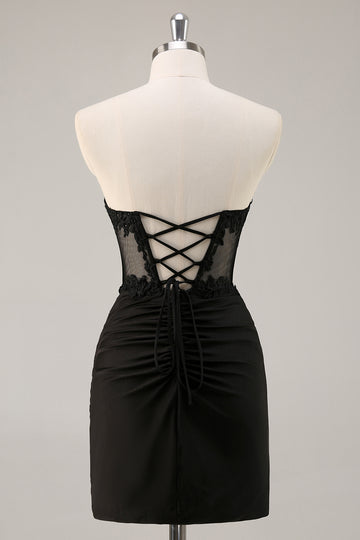 Corset Strapless Black Appliqued Homecoming Dress
